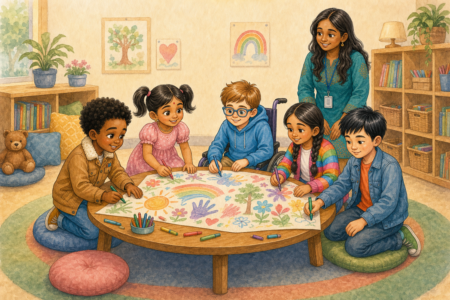 All the children drawing a big picture together around a round table with their teacher