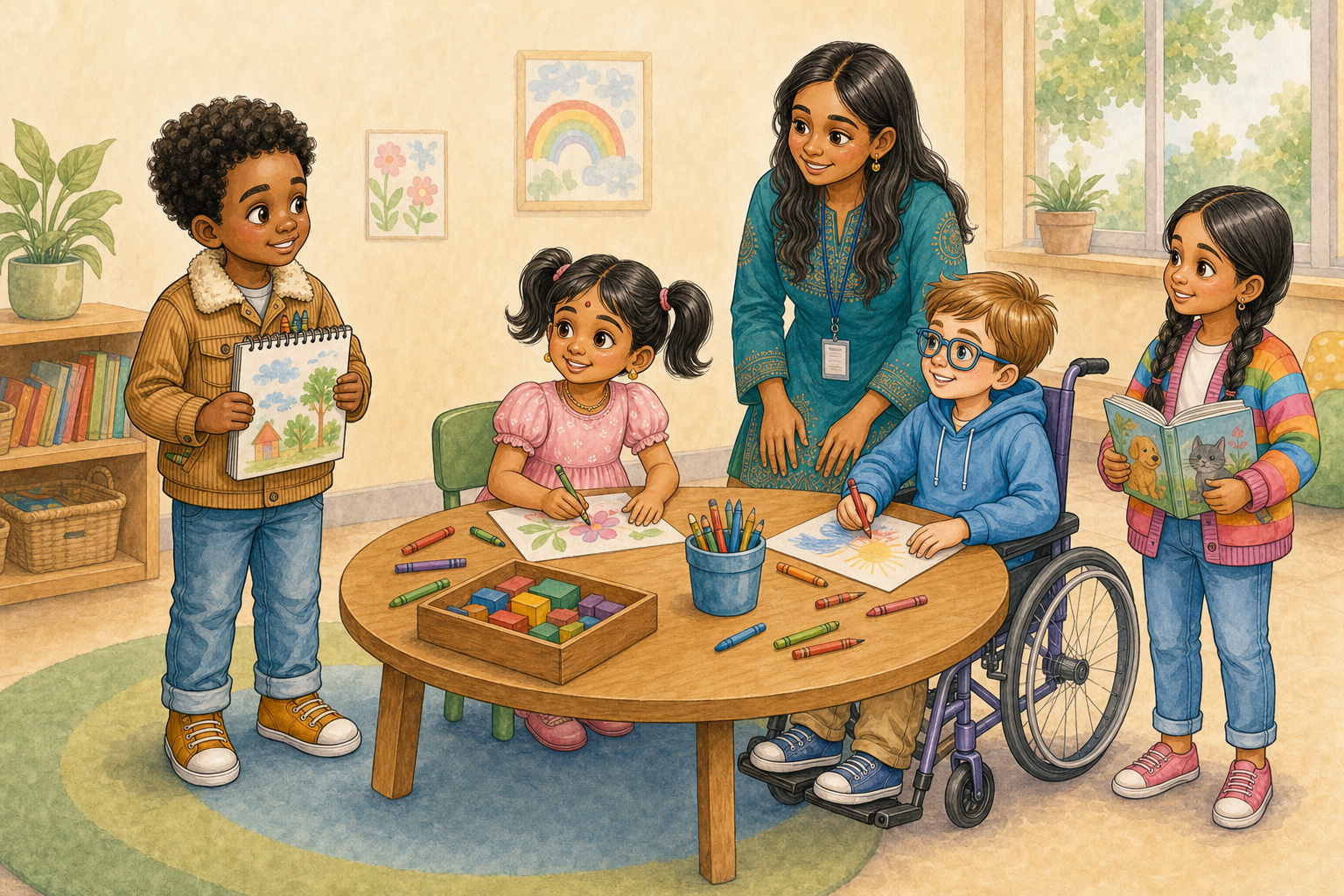 Mamadou, Anya, Ben and friends drawing together at a round table