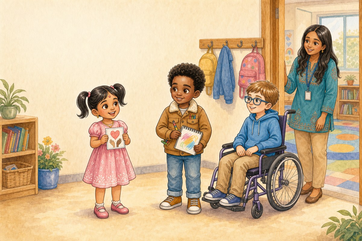 Anya, Mamadou, Ben and their teacher at school — the cast of Madjan's World Good Choices