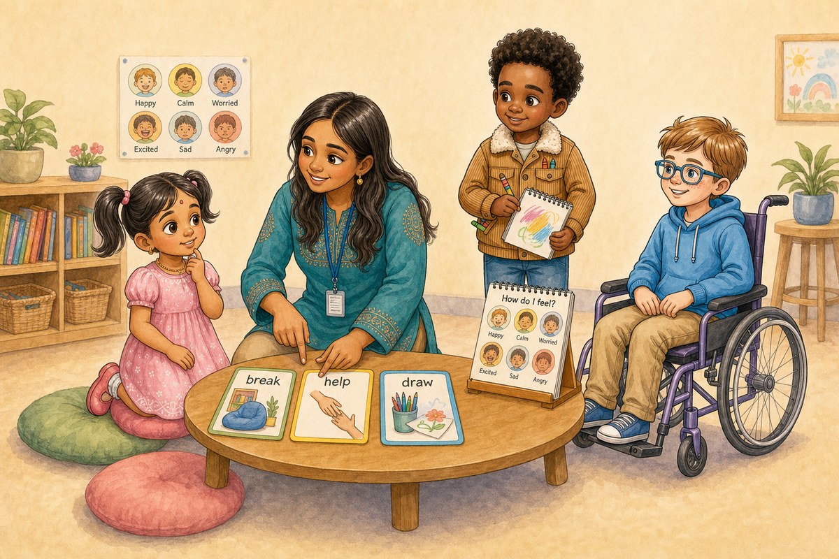 Anya with her teacher, Mamadou and Ben looking at feelings cards and choice cards