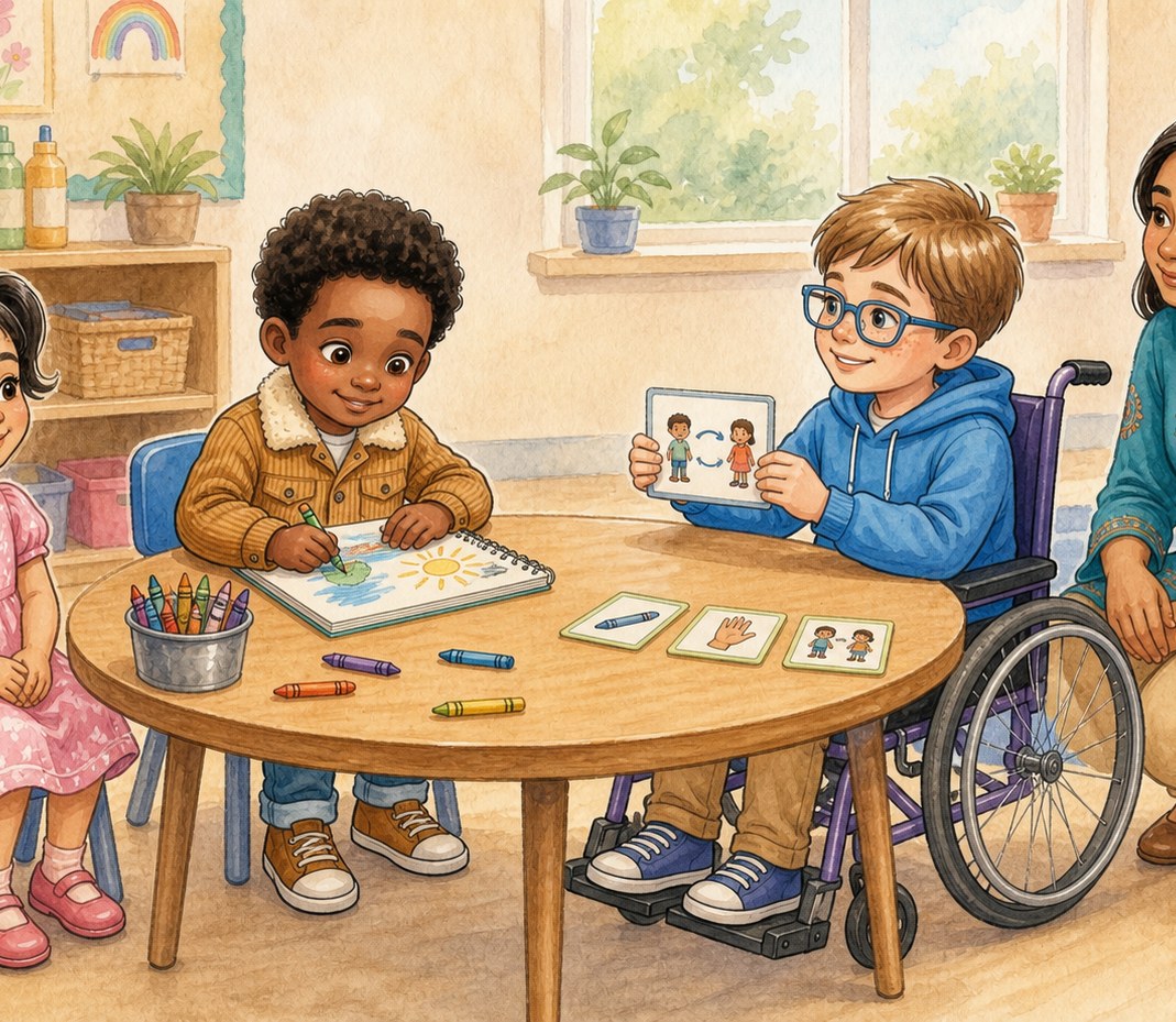 Mamadou, Ben and Anya at a round table with crayons, taking turns