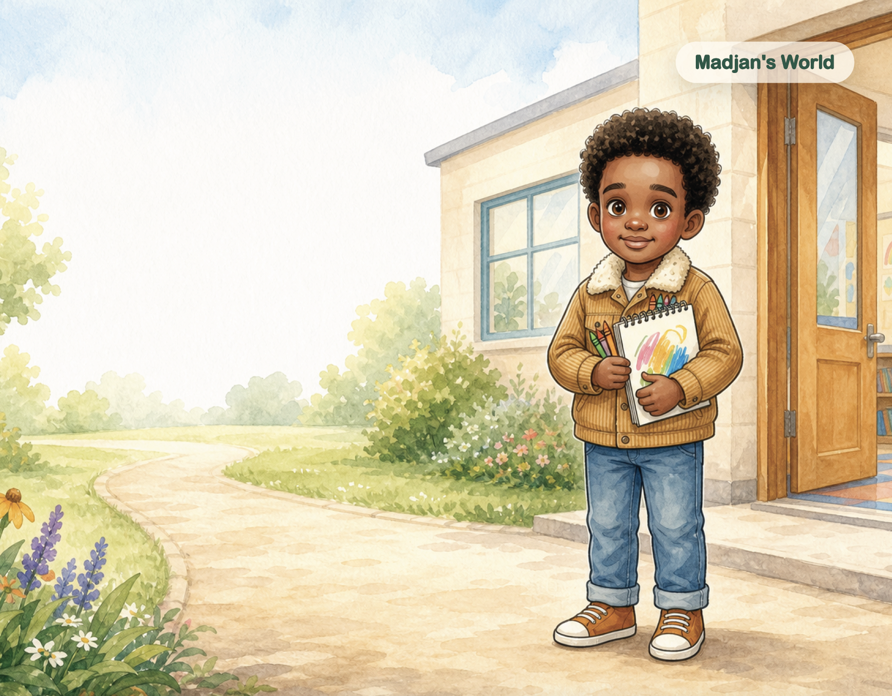 Mamadou standing outside his new school with his sketchbook