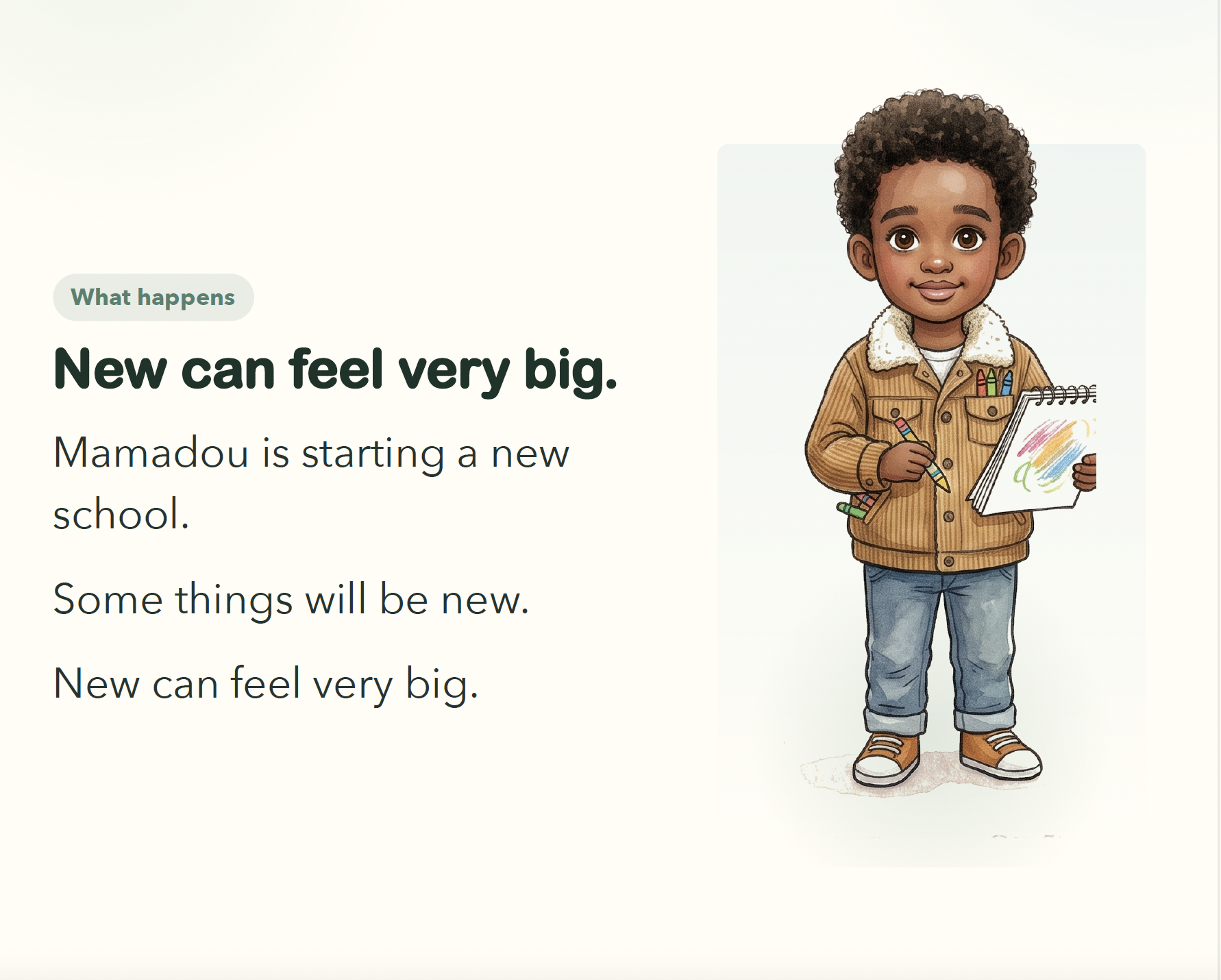 Mamadou standing with his sketchbook at his new school