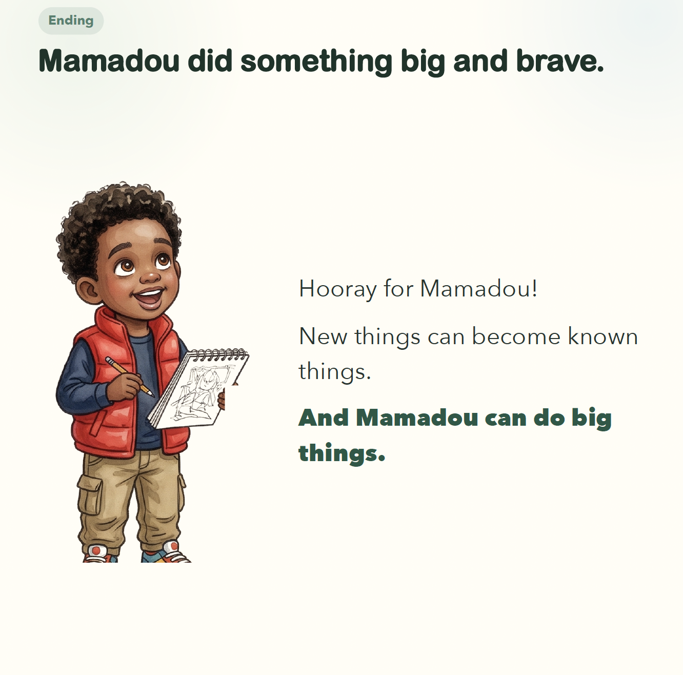 Mamadou jumping with joy and arms raised