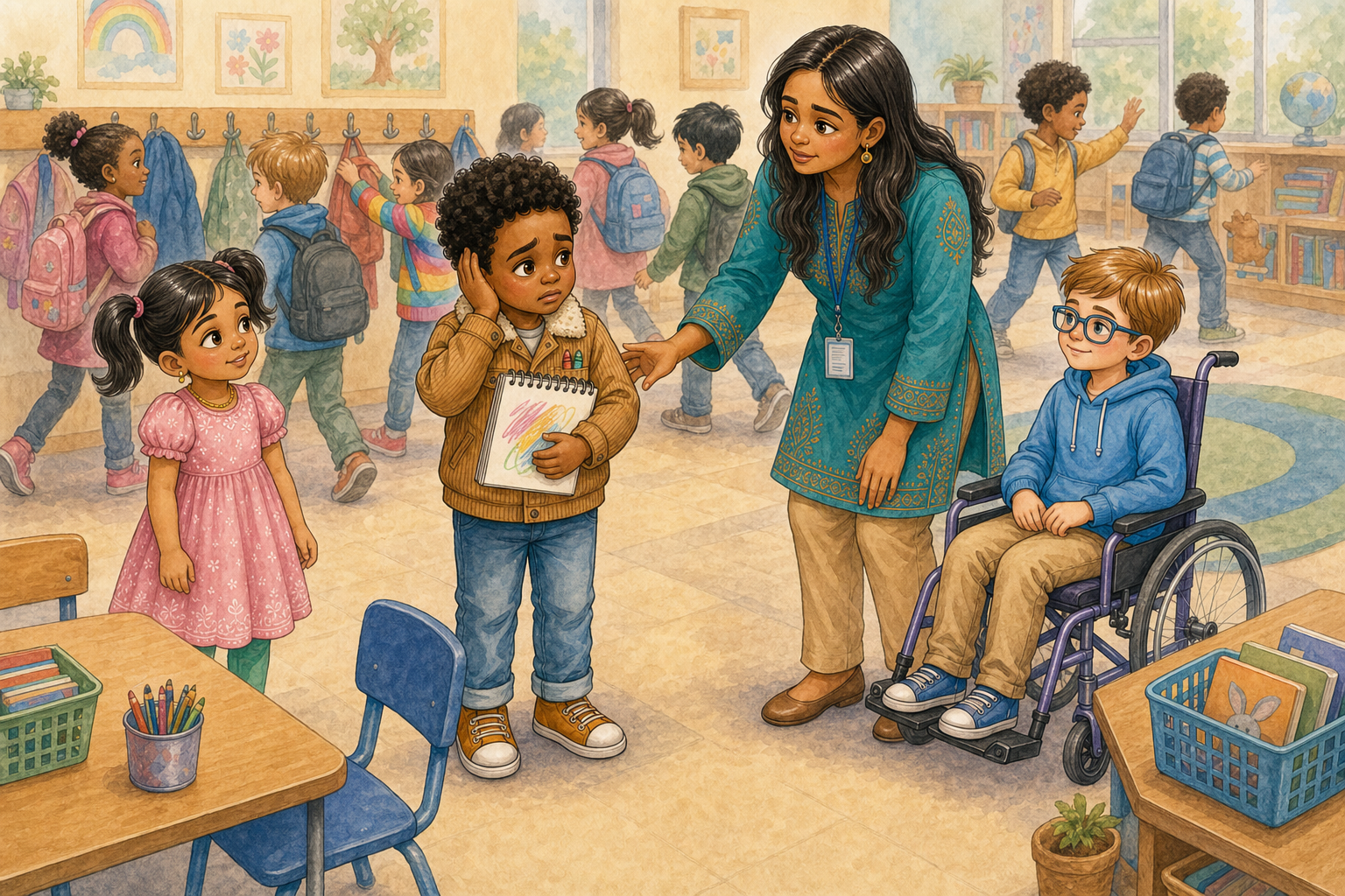 Mamadou covering his ear in a busy cloakroom while his teacher reaches out gently