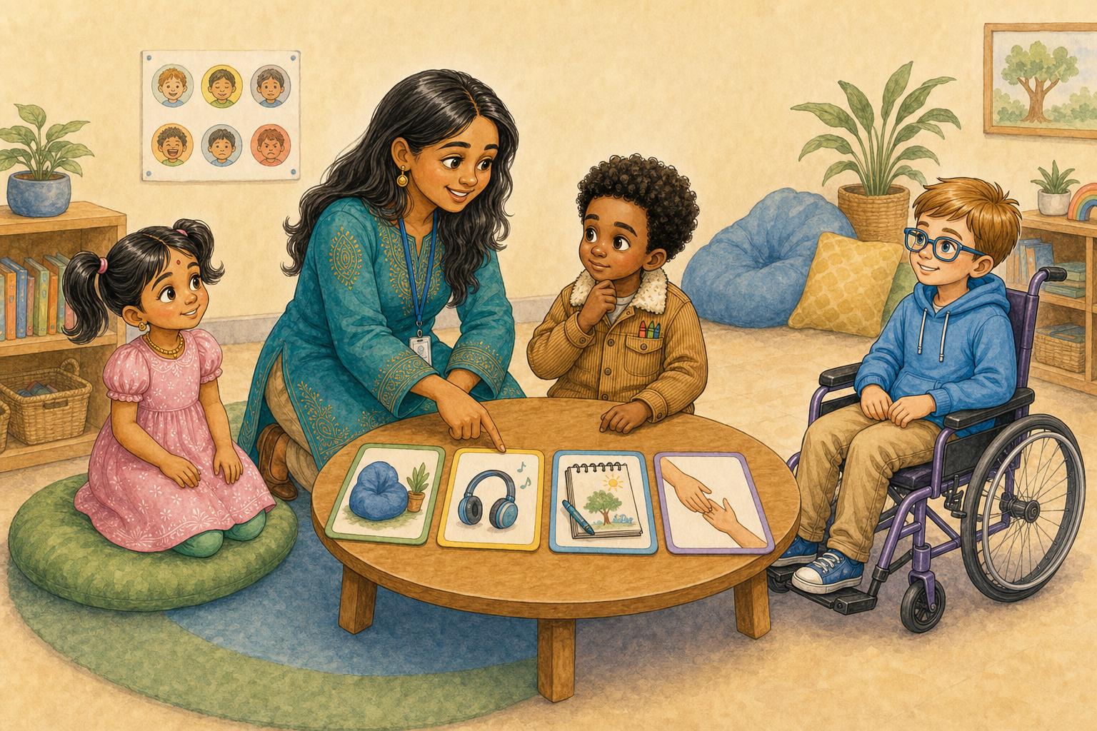 The teacher showing calm choice cards to Mamadou, Anya and Ben at a low table